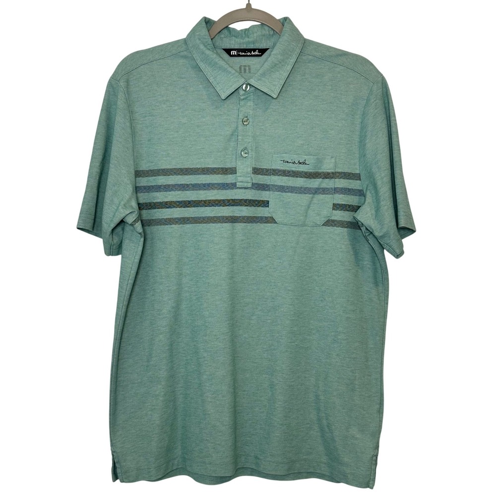 Travis Mathew Mens Medium Seafoam Green Striped Pima Cotton Blend‎ Polo Shirt